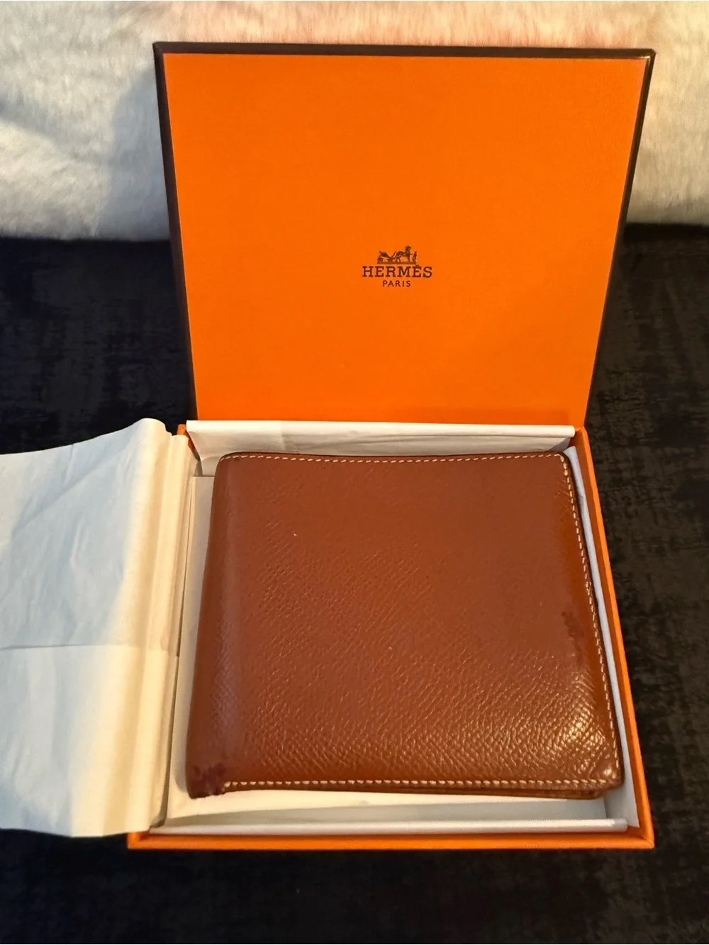 Hermes Men's Cognac Leather Bi-Fold Wallet